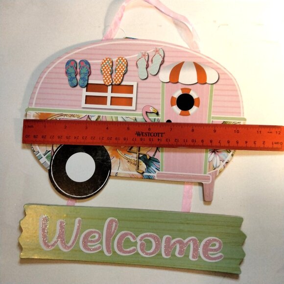 Retro Camper Welcome Sign Pink Flamingo Flip Flops Tropical tiki Coastal - Picture 4 of 5